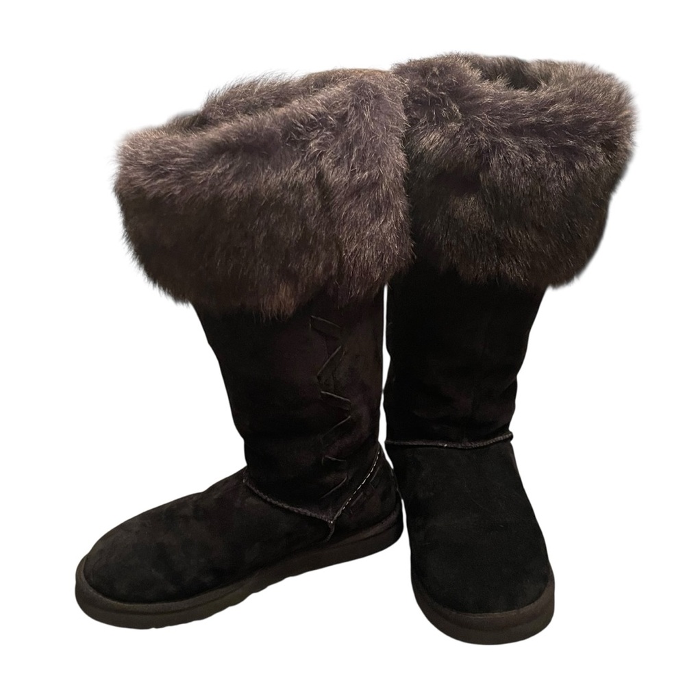 UGG Australia Rosana Tall Boots Black Womens 8 Shearling Fur Suede Sheepskin EUC
